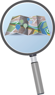 Magnifying glass over a map with map pins