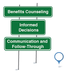 Green road signs along a road with a map pin